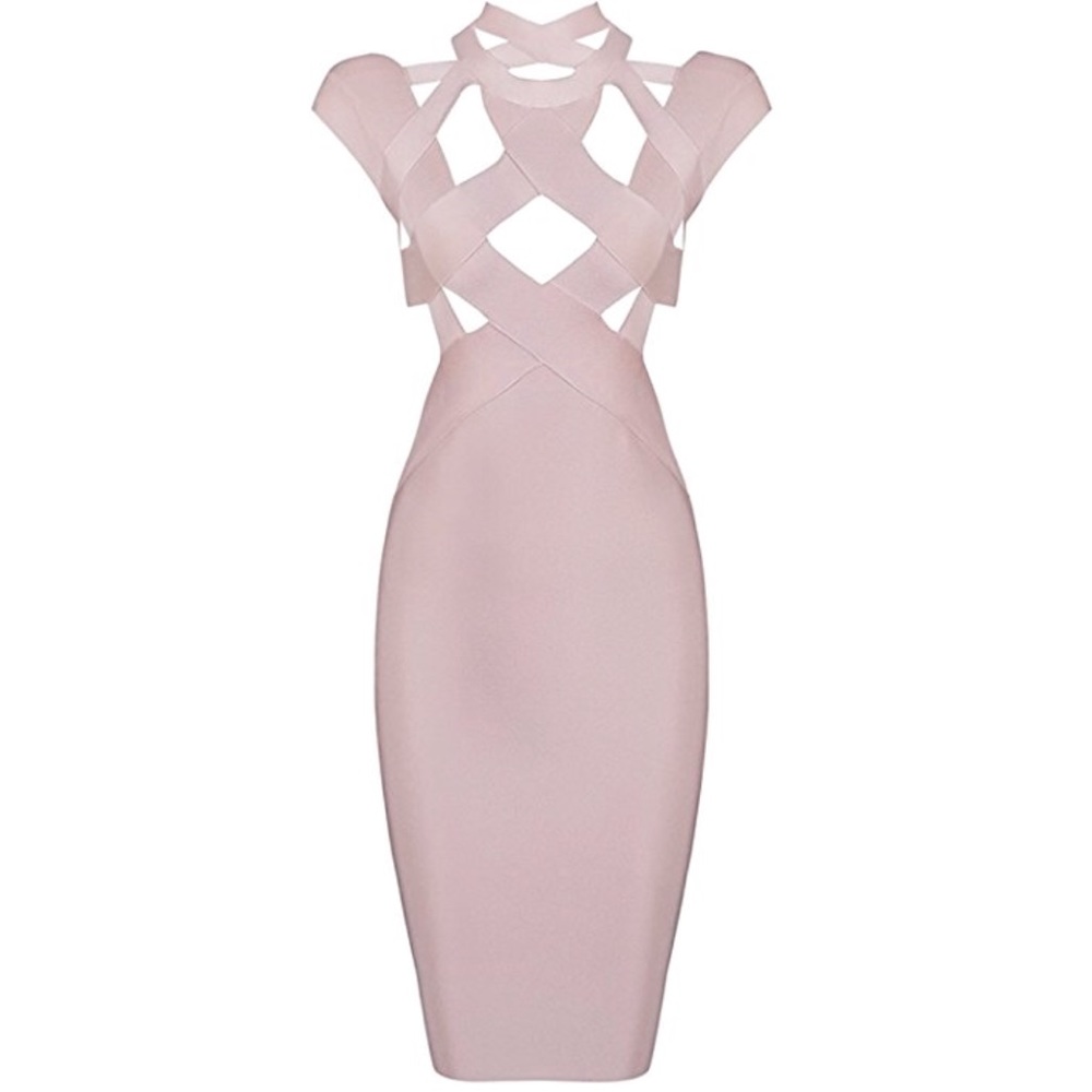 Nude Deep V Halter Bandage Spaghetti Strap Dress